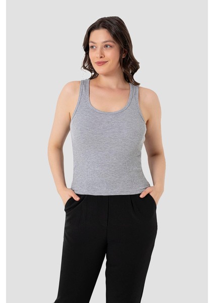 Kadın Fitilli Görünümlü Kalın Askılı Basic Gri Atlet