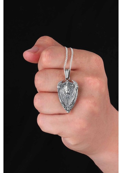 Kalkan Motifli Aslan Başı Gümüş Erkek Kolye fiyatları