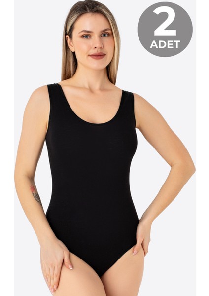 Siyah 2'li Kadın Çıtçıtlı Atlet / Body Kalın Askılı Pamuklu Likralı
