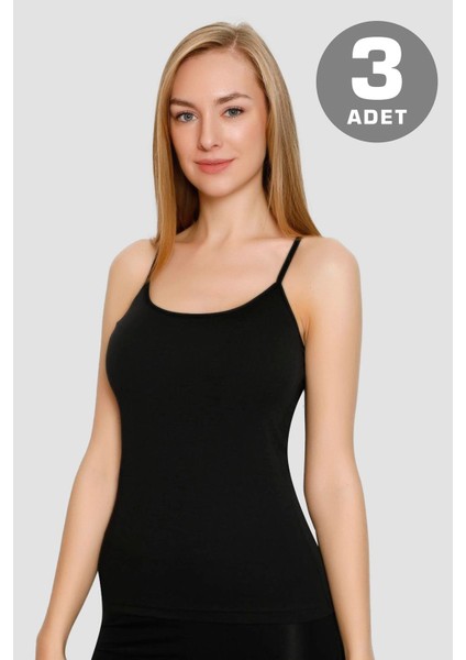 Kadın Pamuklu Likralı İp Askılı Atlet Siyah 3'lü Paket Esnek Rahat Kumaş