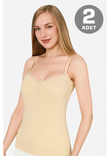 İp Askılı Ten Rengi Kadın Düğmeli Atlet 2'li Paket Pamuklu Likralı