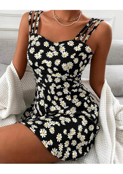 Kadın Papatya Desen Mikro Kumaş Askılı Elbise