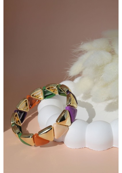 Renkli Seramik Kaplama Üçgen Formlu Lastikli Bileklik