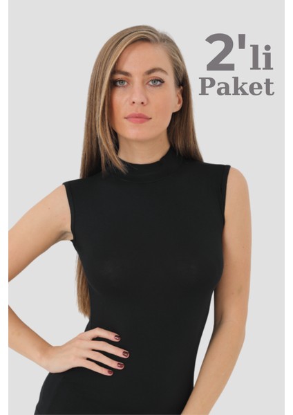 2 Adet Siyah Bambu Kadın Balıkçı Yaka Sıfır Kol Body Boğazlı Kolsuz Badi