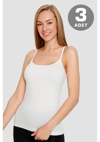 Kadın Pamuklu Likralı İp Askılı Atlet Beyaz 3'lü Paket Esnek Rahat Kumaş