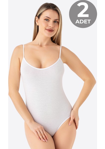 Kadın Beyaz İp Askılı Çıtçıtlı Atlet Body Zıbın Pamuklu Likralı 2'li Paket