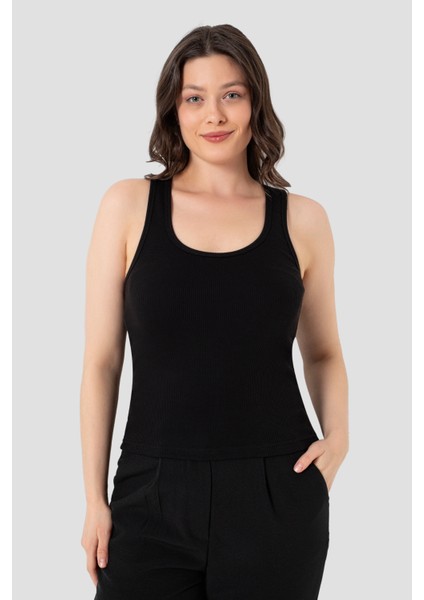 Kadın Fitilli Görünümlü Kalın Askılı Basic Siyah Atlet