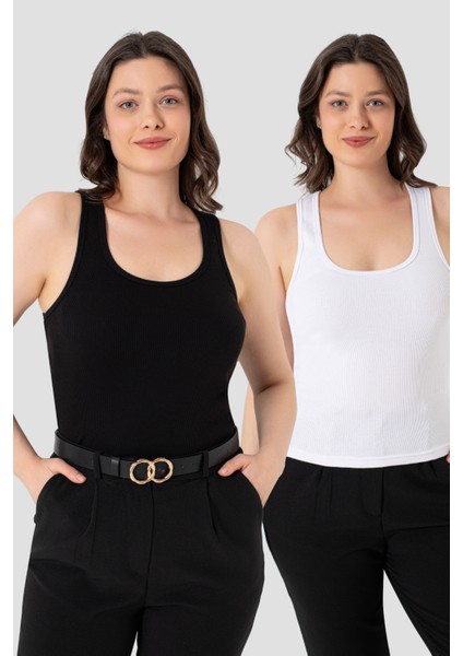 Kadın Fitilli Görünümlü Kalın Askılı Basic Siyah Beyaz Atlet 2'li Paket