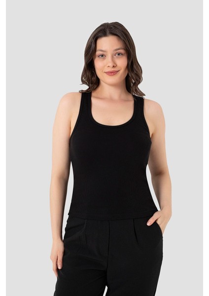 Kadın Fitilli Görünümlü Kalın Askılı Basic Siyah Beyaz Atlet 2'li Paket modelleri