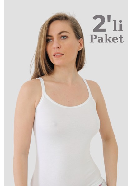 2 Adet Beyaz Kadın Bambu Atlet Kalın İp Askı Yumuşak Esnek