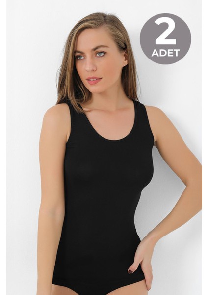 Kadın Bambu Kalın Askılı Atlet Siyah 2'li Paket Nefes Alabilir Esnek Kumaş