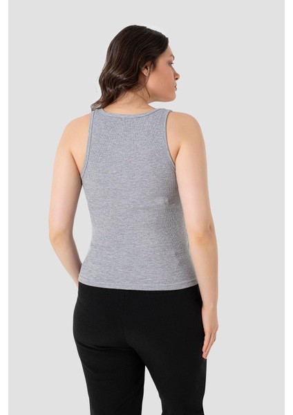 Kadın Fitilli Görünümlü Kalın Askılı Basic Gri Atlet