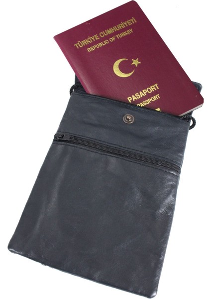 Lacivert Hakiki Deri Boyun Askılı Evrak ve Pasaport Çantası