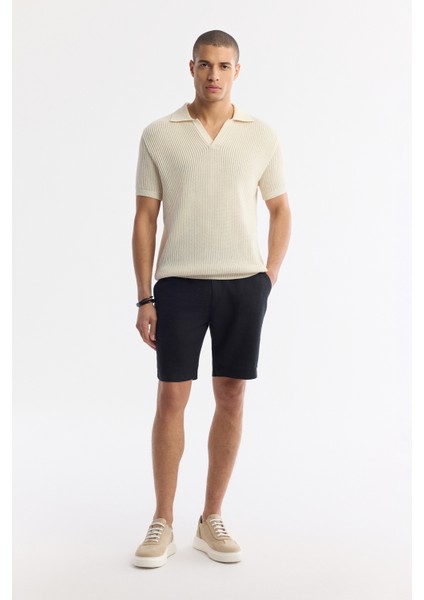 Erkek Bej %100 Pamuk Polo Yaka Düğmesiz Ajurlu Triko T-shirt A51y5166