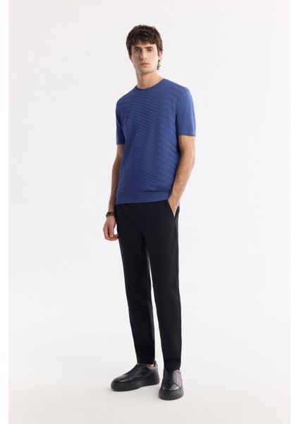Erkek Indigo Regular Fit Bisiklet Yaka Önü Jakar Detaylı Rayon Triko T-shirt A51y5004