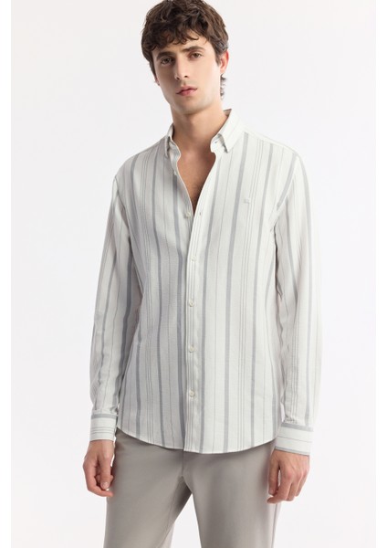 Erkek Gri Alttan Britli Yaka Gofreli Çizgili Regular Fit Gömlek A51Y2094