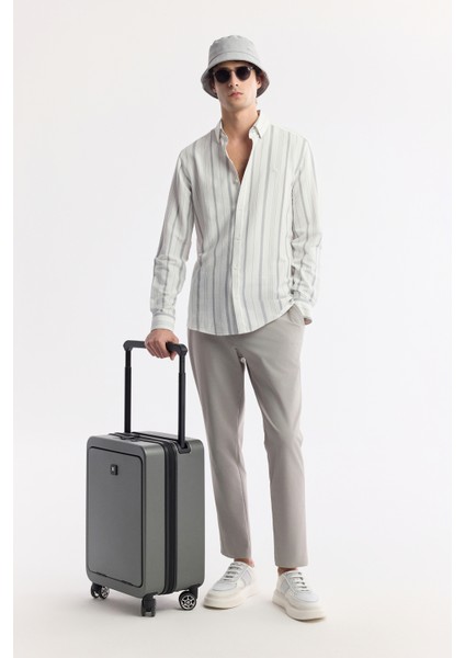 Erkek Gri Alttan Britli Yaka Gofreli Çizgili Regular Fit Gömlek A51Y2094