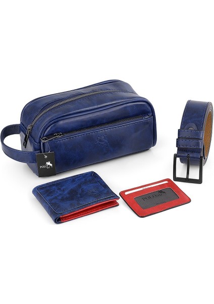 Lacivert Erkek Set: El Çantası, Cüzdan, Kemer ve Kartlık Kombini
