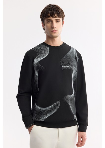 Erkek Siyah Bisiklet Yaka Baskılı İnterlok Sweatshirt A51Y1221