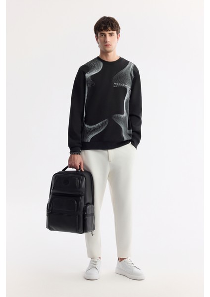 Erkek Siyah Bisiklet Yaka Baskılı İnterlok Sweatshirt A51Y1221