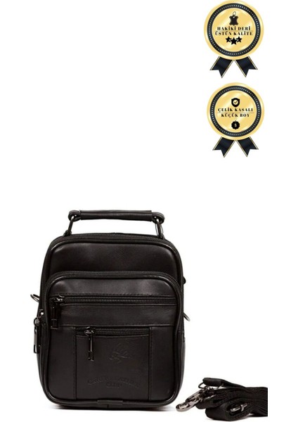 Küçük Hakiki Deri Erkek El ve Omuz Çantası Siyah 15X18CM