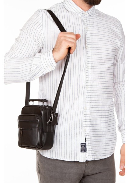 Küçük Hakiki Deri Erkek El ve Omuz Çantası Siyah 15X18CM