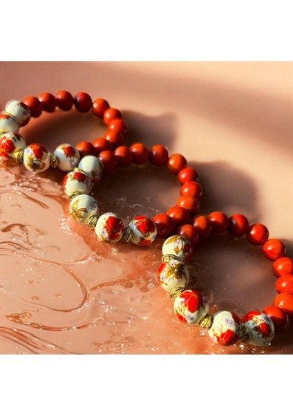 El Yapımı Kırmızı Mercan Taşlı Çiçek Tasarımlı Bileklik fiyatları