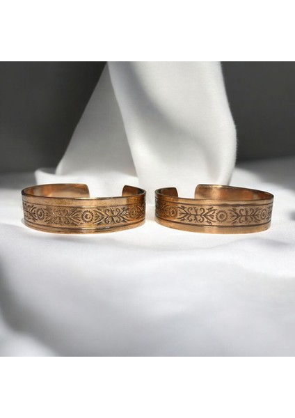 El Işlemesi Çiçekli Ham Bakır Bileklik Seti, 2'li Sağlık ve Şıklık Bilekliği modelleri