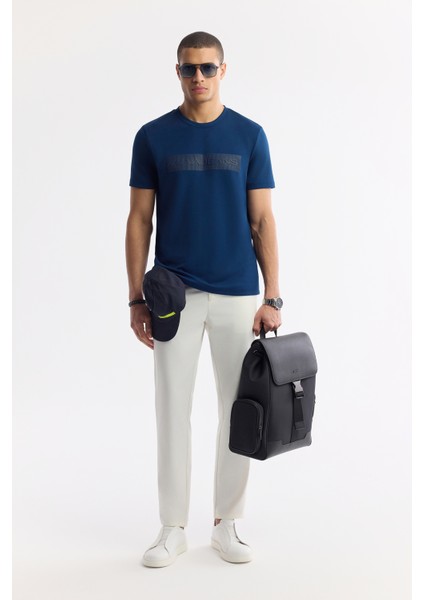 Erkek Petrol Mavi Bisiklet Yaka Bi-Stretch İnterlok Regular Fit T-Shirt A51Y1021