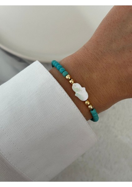 Doğal Turkuaz ve Sedef Taşlı El Figürlü Şık Bileklik