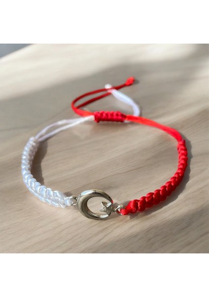 Kırmızı Beyaz Ay Yıldız Makrome Örgü Unisex Bileklik 16-28CM fiyatları