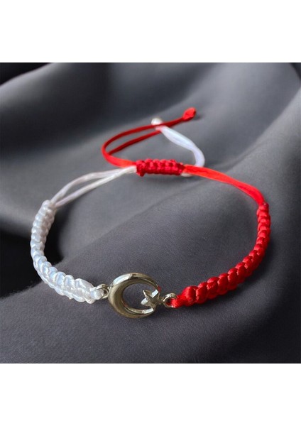 Kırmızı Beyaz Ay Yıldız Makrome Örgü Unisex Bileklik 16-28CM modelleri