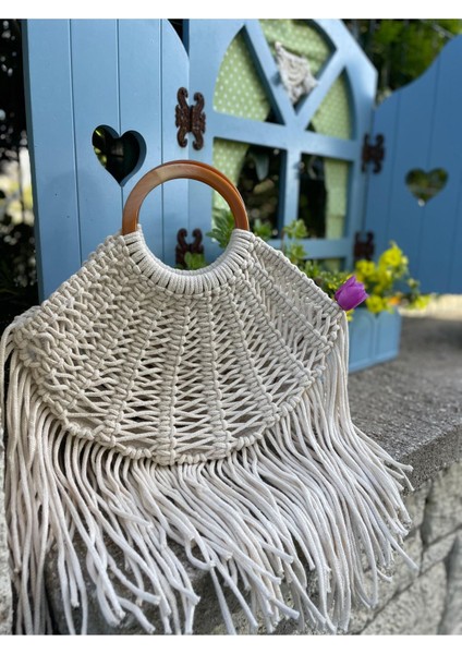 Bej Püsküllü Makrome Çanta, Şık ve Renkli El Çantası