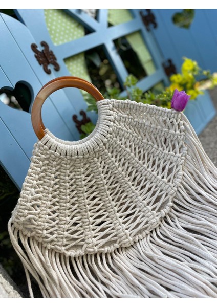 Bej Püsküllü Makrome Çanta, Şık ve Renkli El Çantası fiyatları