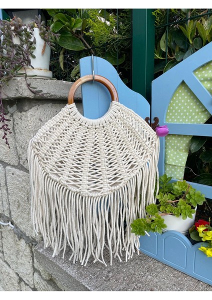 Bej Püsküllü Makrome Çanta, Şık ve Renkli El Çantası modelleri