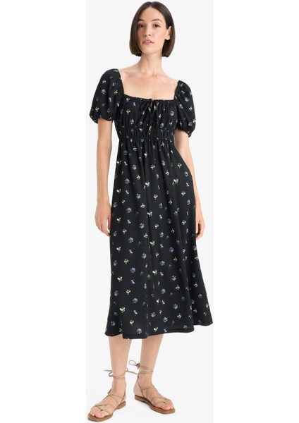 Kare Yaka Çiçek Desenli Bürümcük Kısa Kollu Midi Elbise F8554AX25AU