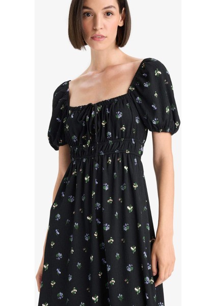 Kare Yaka Çiçek Desenli Bürümcük Kısa Kollu Midi Elbise F8554AX25AU modelleri