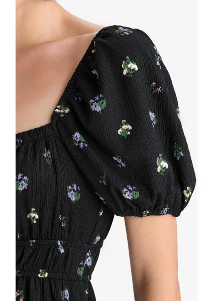 Kare Yaka Çiçek Desenli Bürümcük Kısa Kollu Midi Elbise F8554AX25AU fırsatları