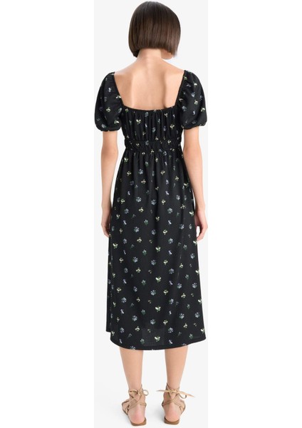 Kare Yaka Çiçek Desenli Bürümcük Kısa Kollu Midi Elbise F8554AX25AU indirimleri