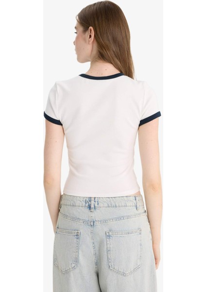 Fitted Bisiklet Yaka Ribana Kısa Kollu Tişört F9823AX25AU