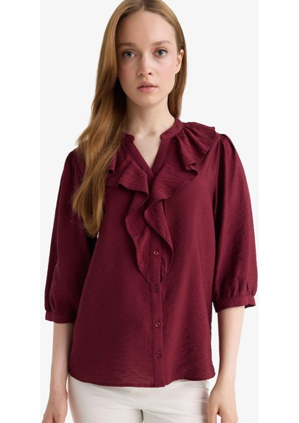 Regular Fit Bisiklet Yaka Volanlı Uzun Kollu Gömlek