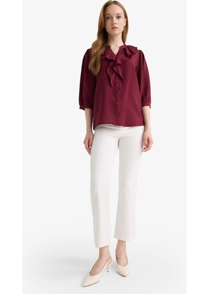 Regular Fit Bisiklet Yaka Volanlı Uzun Kollu Gömlek fiyatları