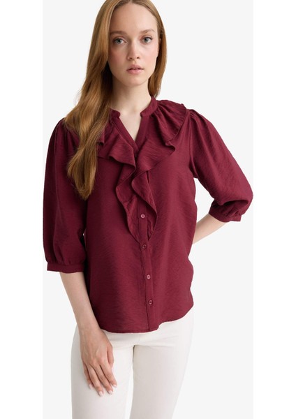 Regular Fit Bisiklet Yaka Volanlı Uzun Kollu Gömlek modelleri