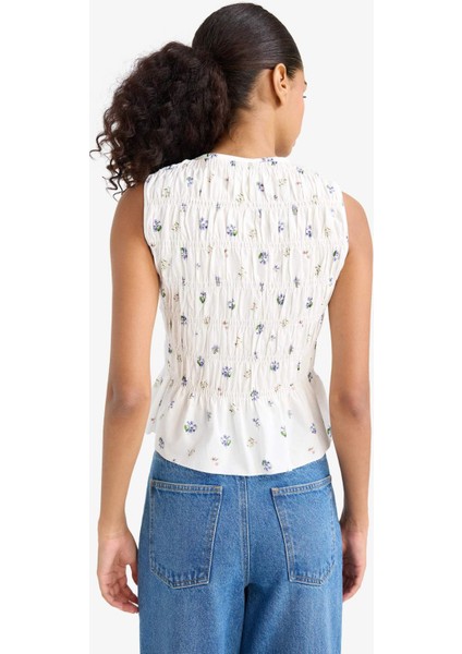 Fitted Bisiklet Yaka Çiçek Desenli Önden Bağlamalı Poplin Kolsuz Bluz F7577AX25AU indirimleri