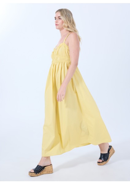 Kare Yaka Düz Sarı Standart Kadın Elbise 50537919