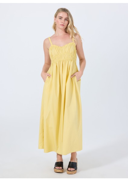 Kare Yaka Düz Sarı Standart Kadın Elbise 50537919 fiyatları