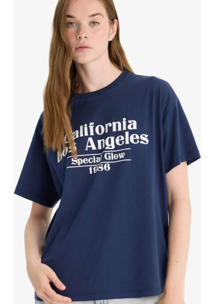 Oversize Geniş Kalıp Bisiklet Yaka Baskılı Kısa Kollu Tişört F8832AX25AU