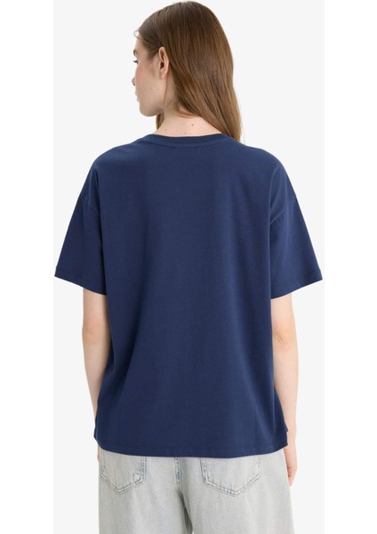 Oversize Geniş Kalıp Bisiklet Yaka Baskılı Kısa Kollu Tişört F8832AX25AU