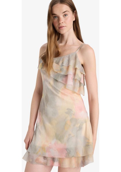 Fırfırlı Yaka Çiçek Desenli Tül Askılı Mini Elbise F6148AX25AU modelleri