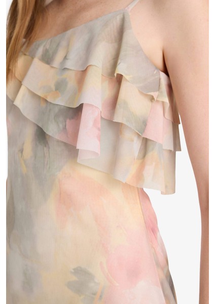 Fırfırlı Yaka Çiçek Desenli Tül Askılı Mini Elbise F6148AX25AU fırsatları